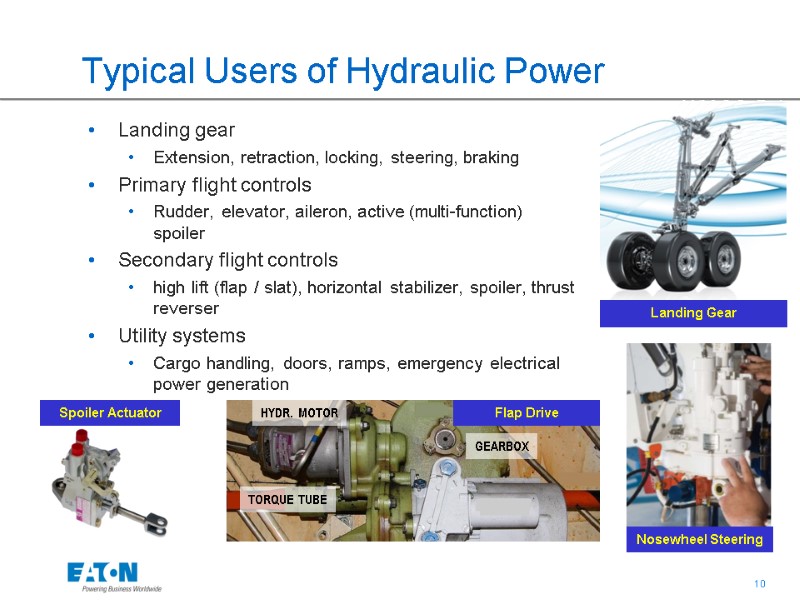 Typical Users of Hydraulic Power Landing gear  Extension, retraction, locking, steering, braking Primary